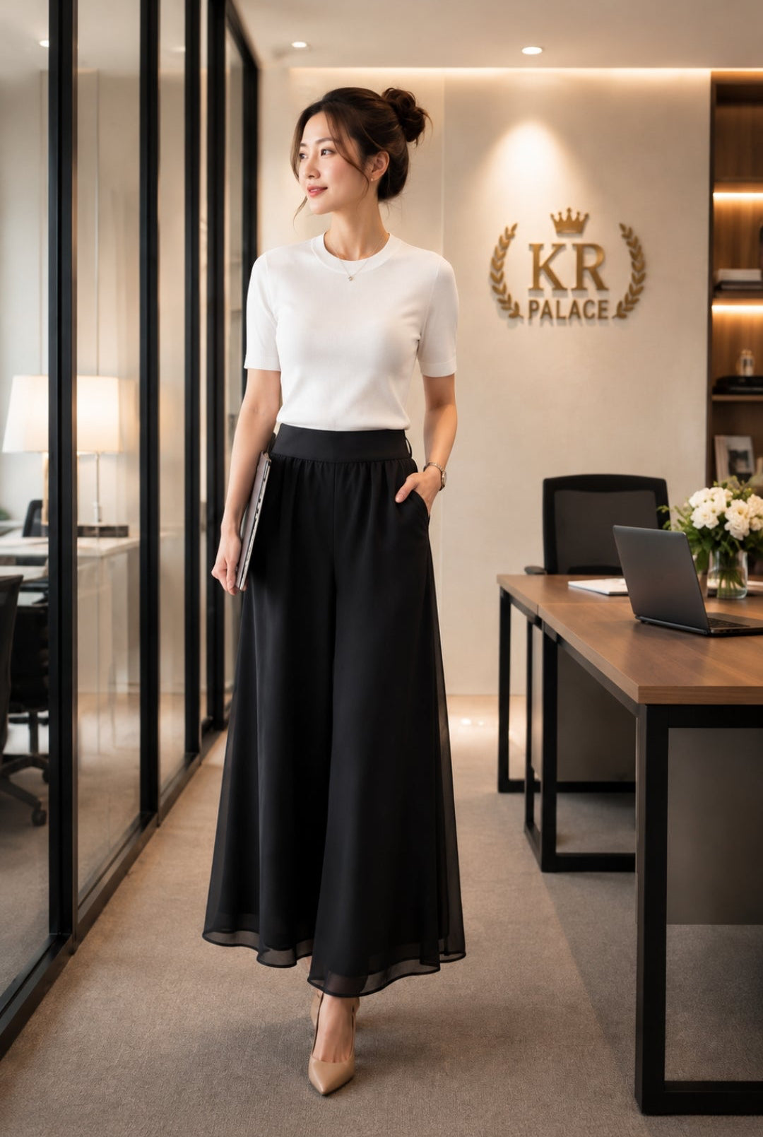 Soft Flow Chiffon Wide-Leg Pants
