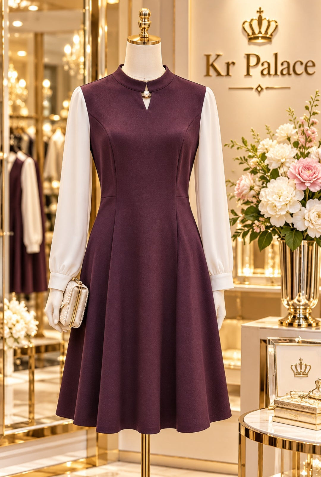 Burgundy Elegance Contrast-Sleeve Fit & Flare Dress