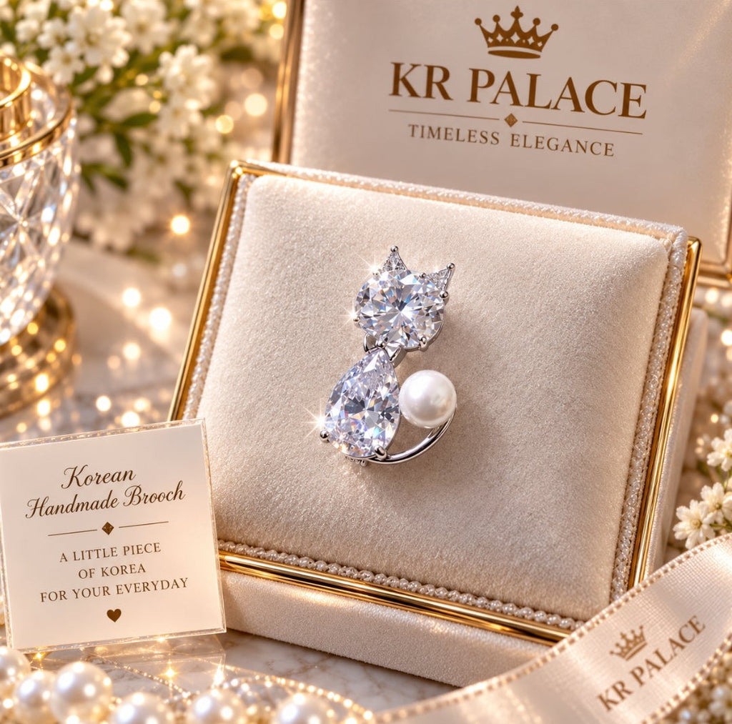 Crystal Pearl Cat Brooch