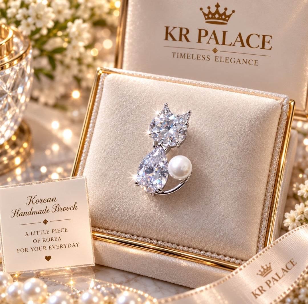 Crystal Pearl Cat Brooch