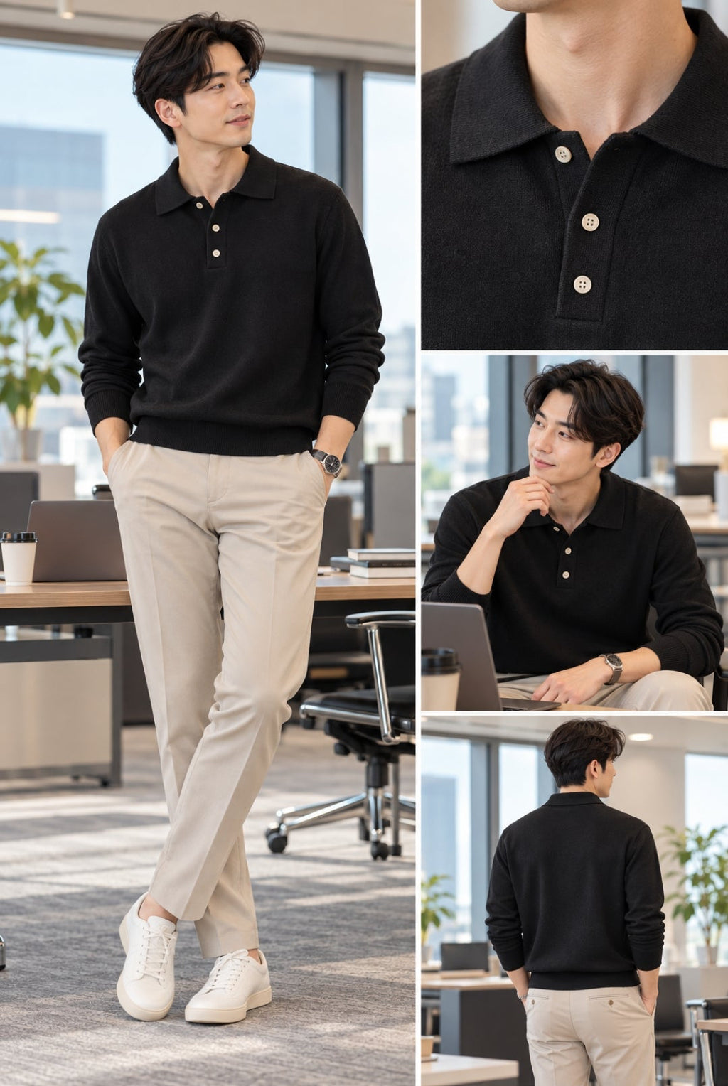 Classic Black Knit Polo Sweater