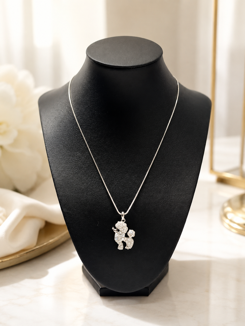Sparkling Poodle White Gold Necklace