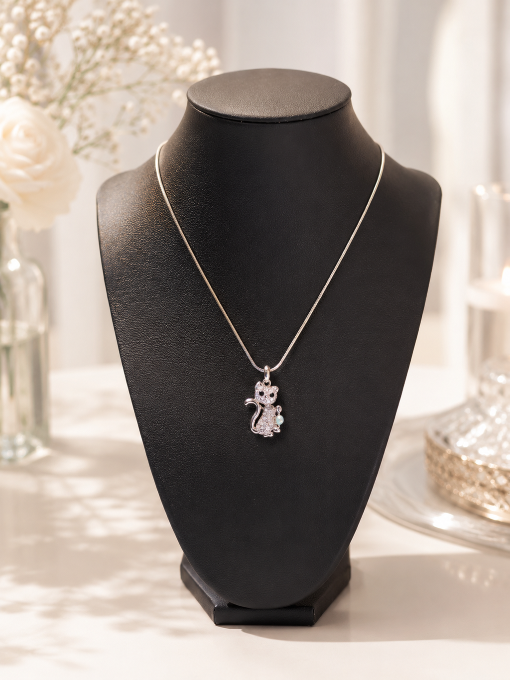 Charming Cat White Gold Necklace