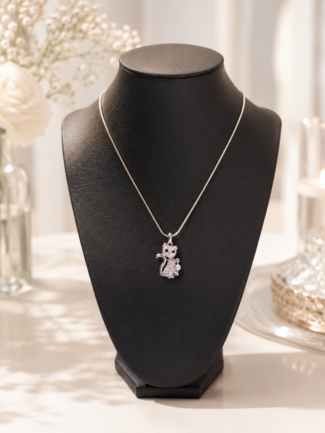 Charming Cat White Gold Necklace