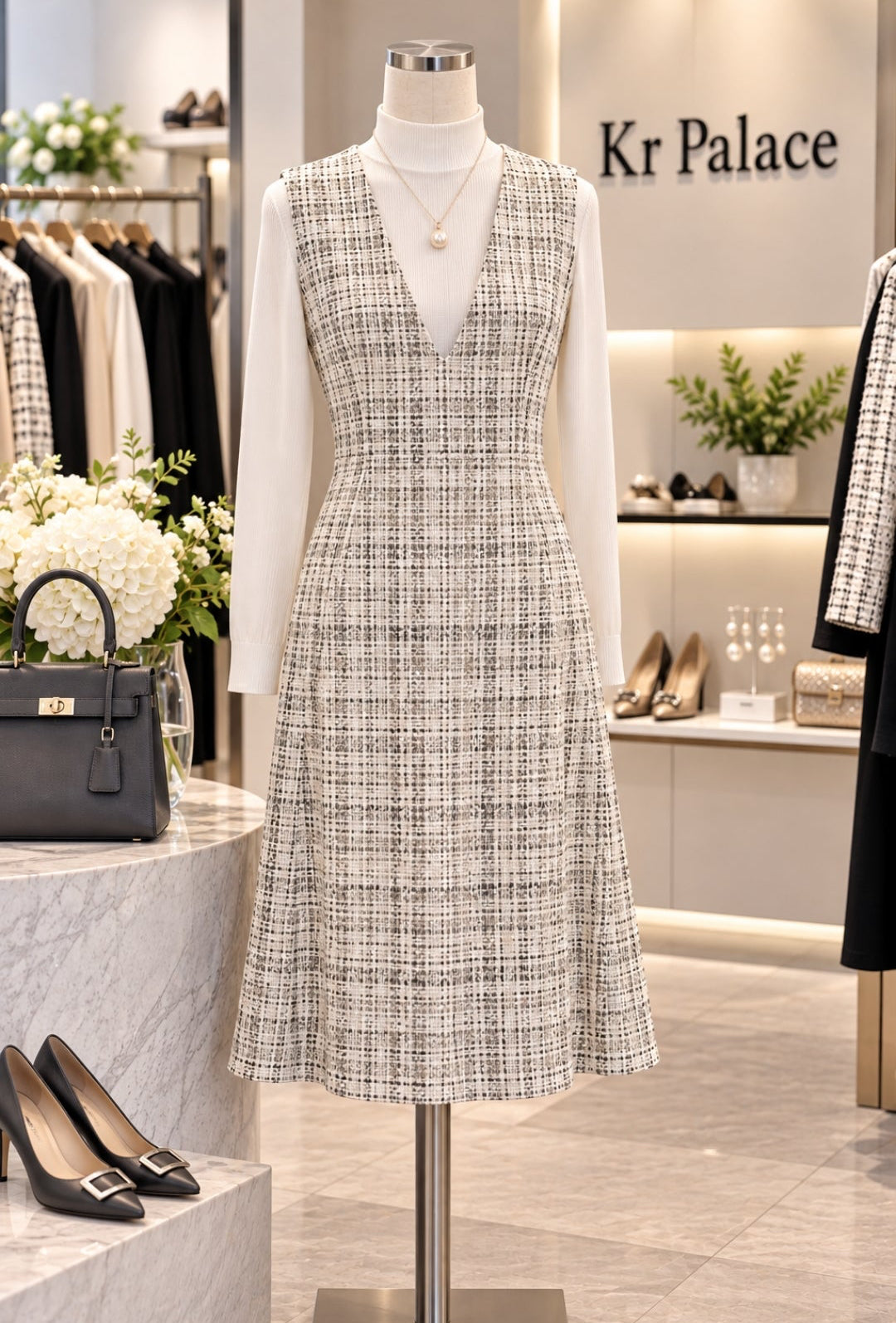 Elegant Tweed V-Neck Pinafore Midi Dress