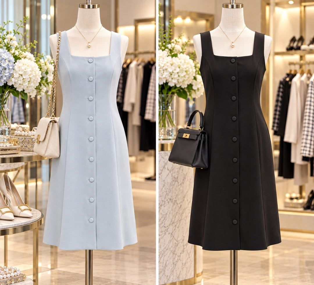 Powder Blue Button-Front A-Line Dress