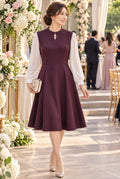 Burgundy Elegance Contrast-Sleeve Fit & Flare Dress