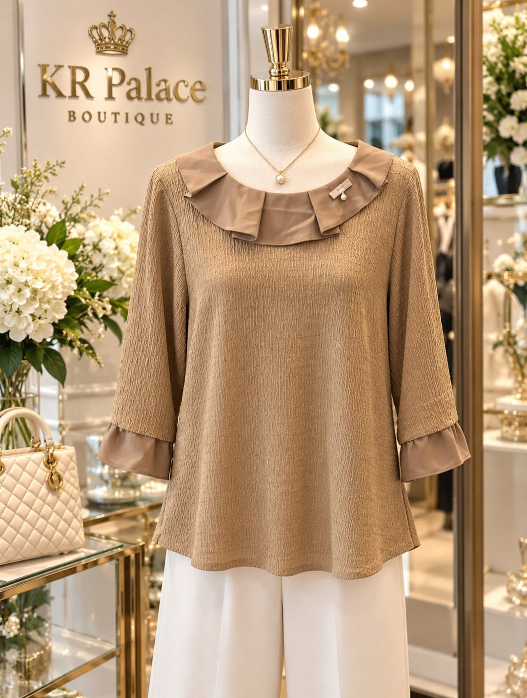 Taupe Ruffle Collar & Cuff Blouse