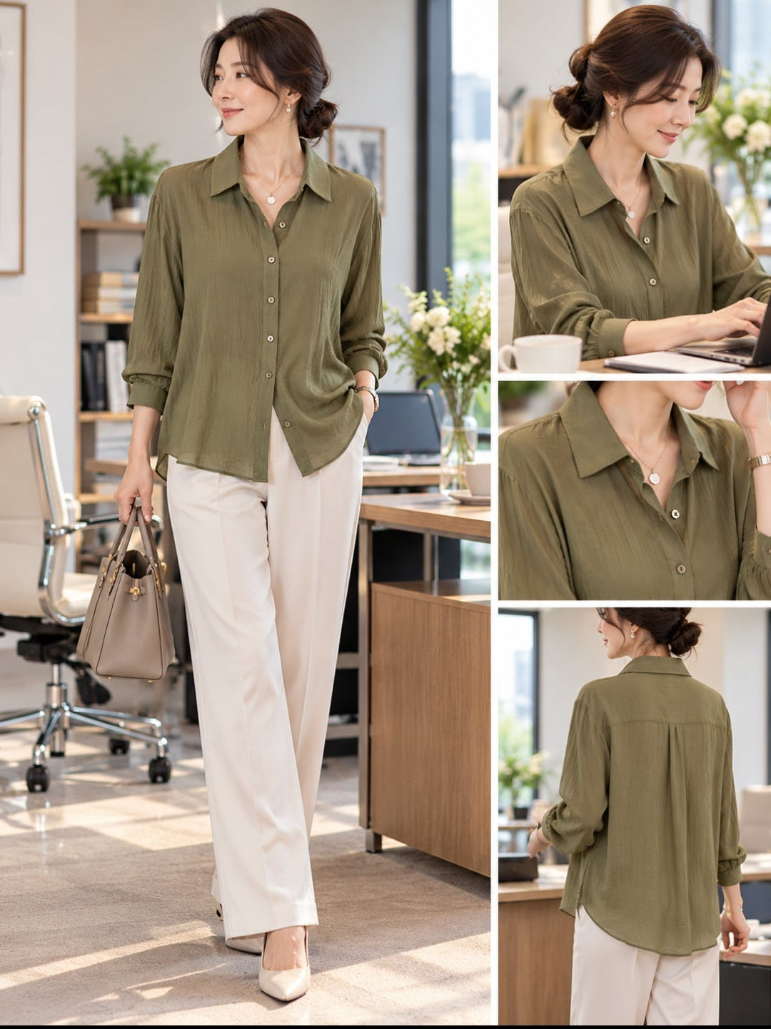 Olive Green Classic Button-Down Blouse