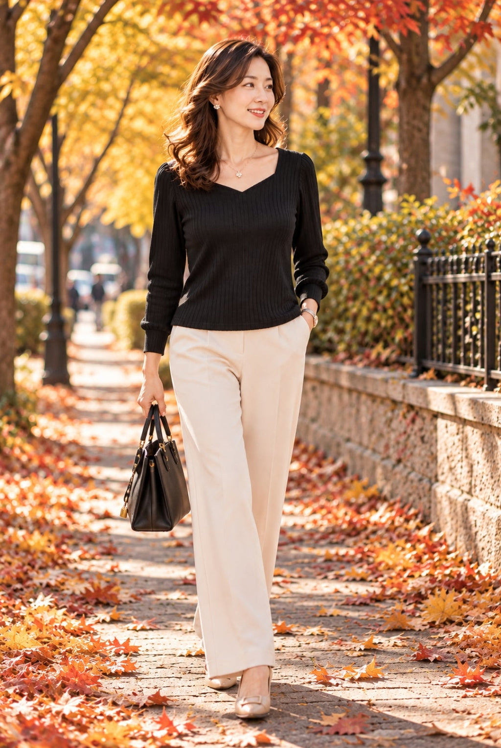Ribbed V-Neck Long-Sleeve Top