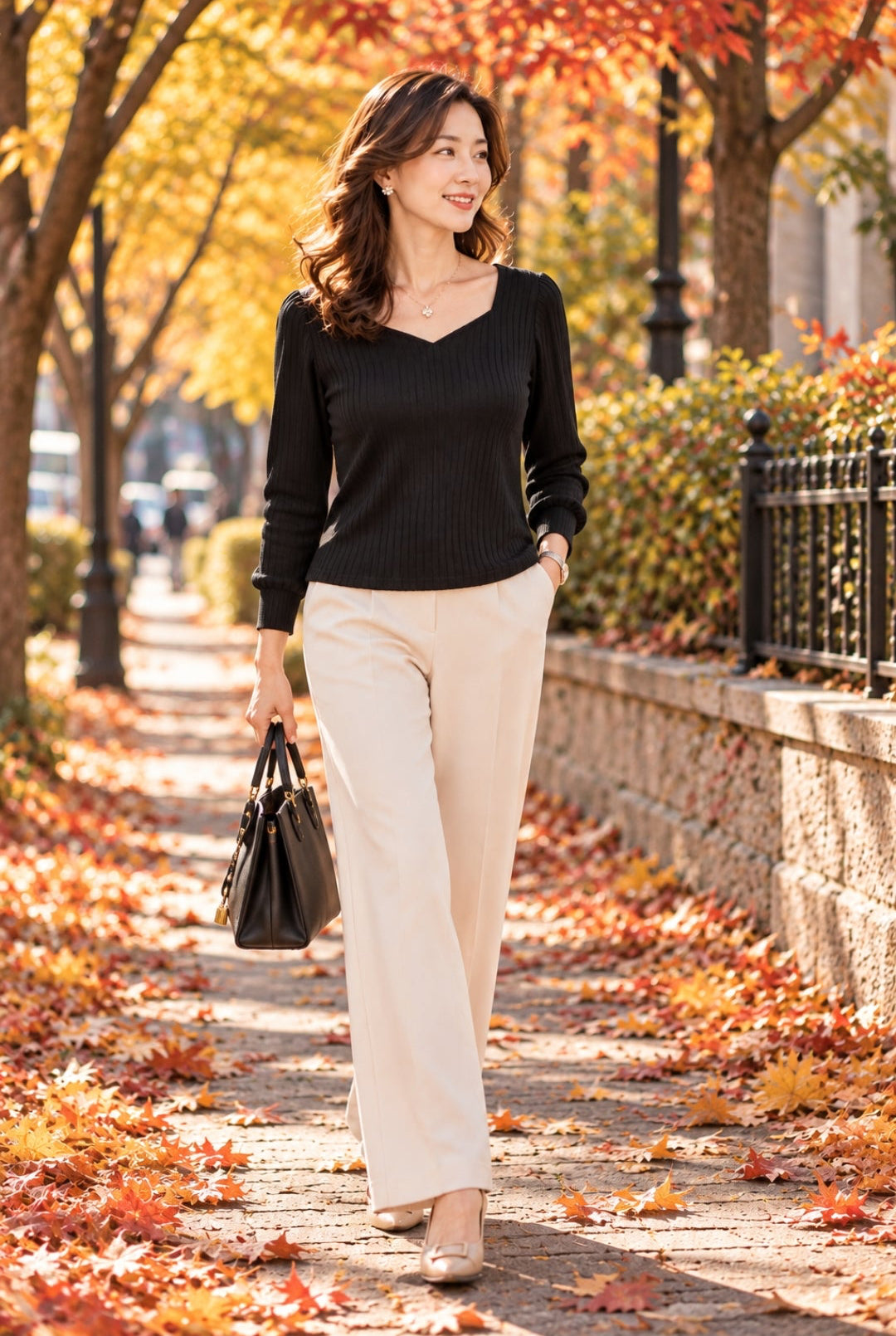Ribbed V-Neck Long-Sleeve Top