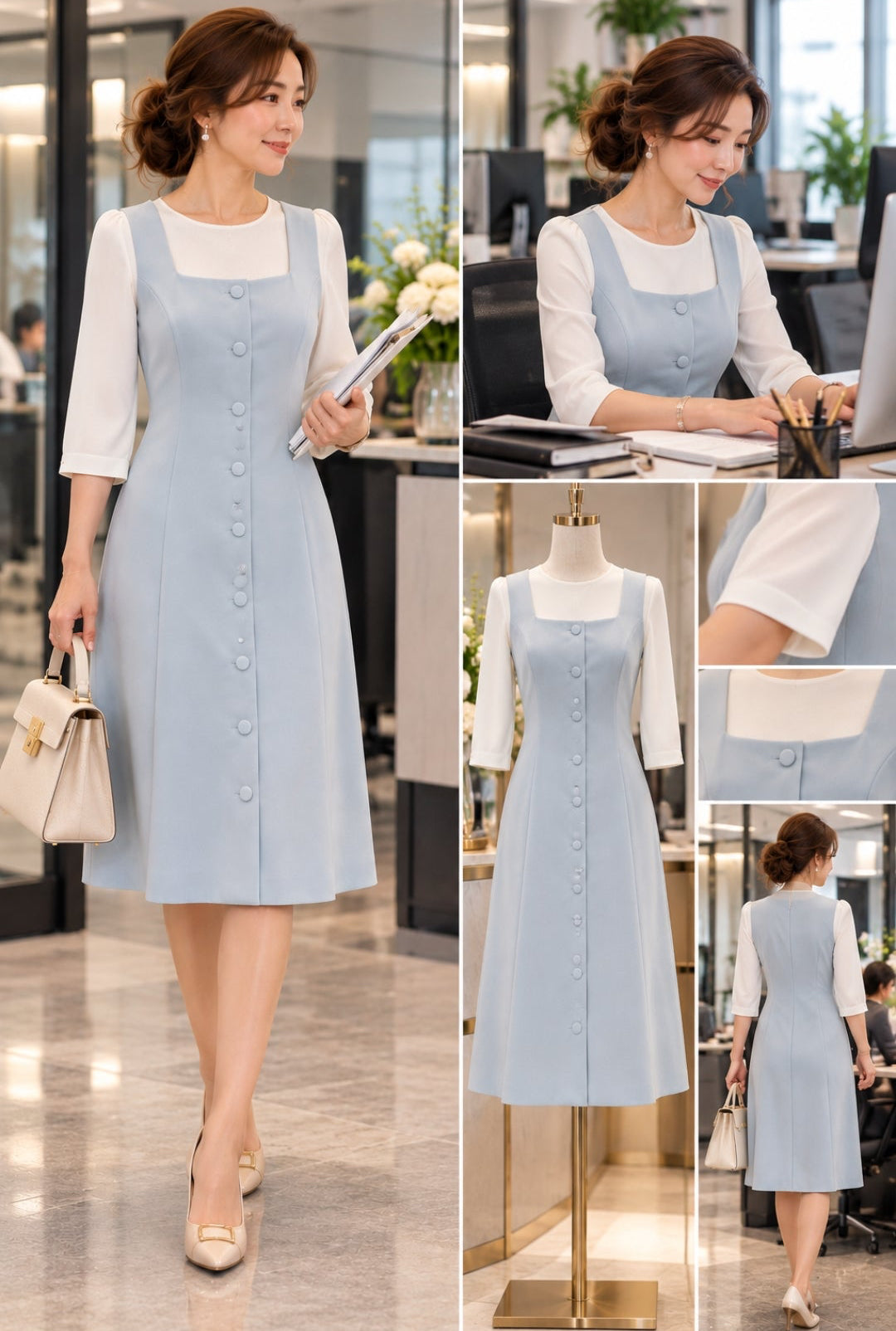 Powder Blue Button-Front A-Line Dress