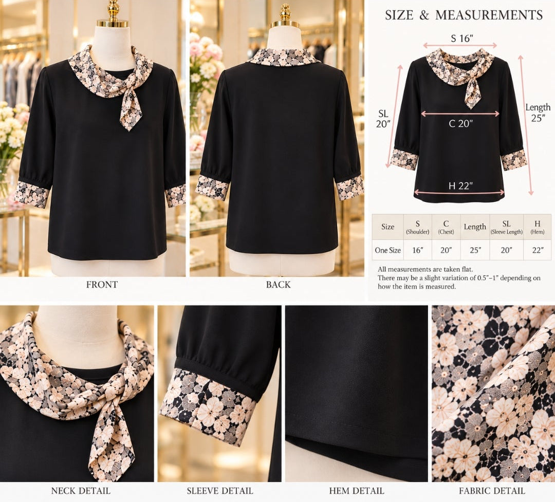 Elegant Floral Scarf-Trim Black Blouse
