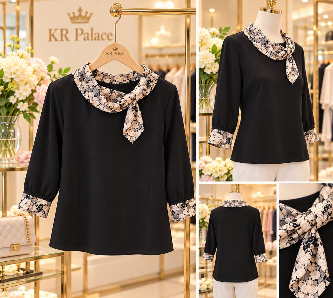 Elegant Floral Scarf-Trim Black Blouse