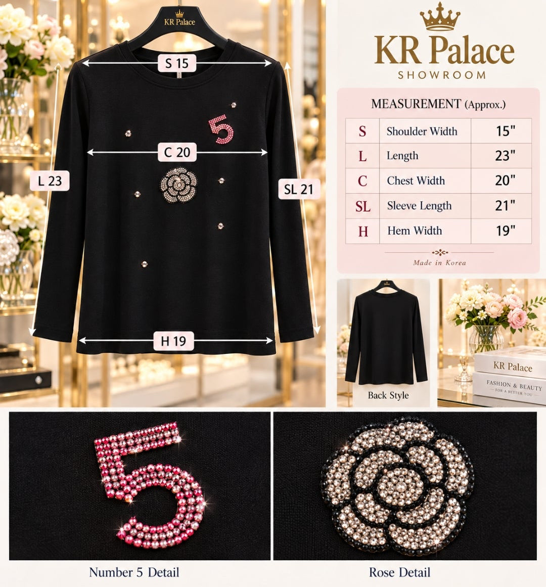 Jeweled Charm Embellished Black Long-Sleeve Top