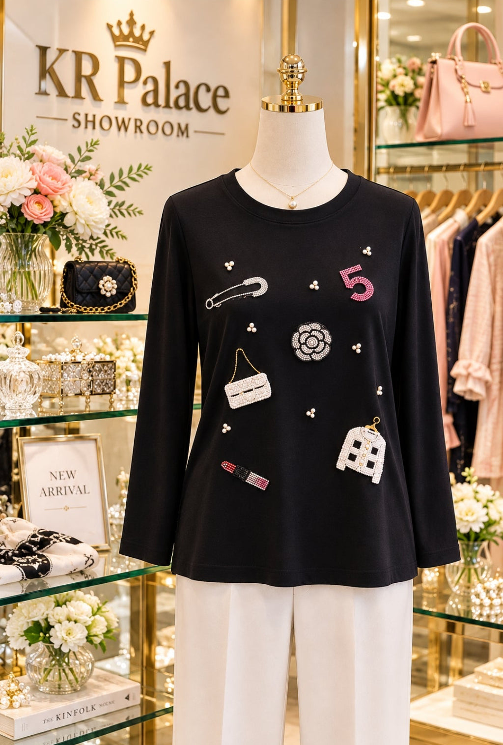 Jeweled Charm Embellished Black Long-Sleeve Top