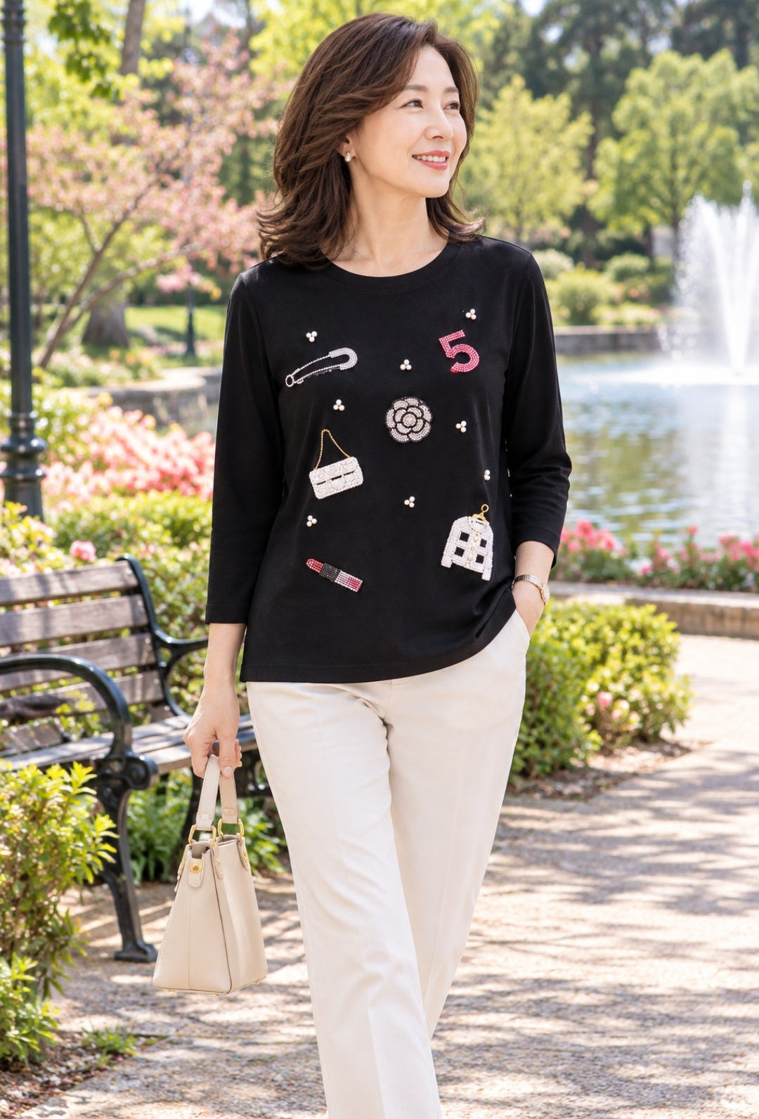 Jeweled Charm Embellished Black Long-Sleeve Top