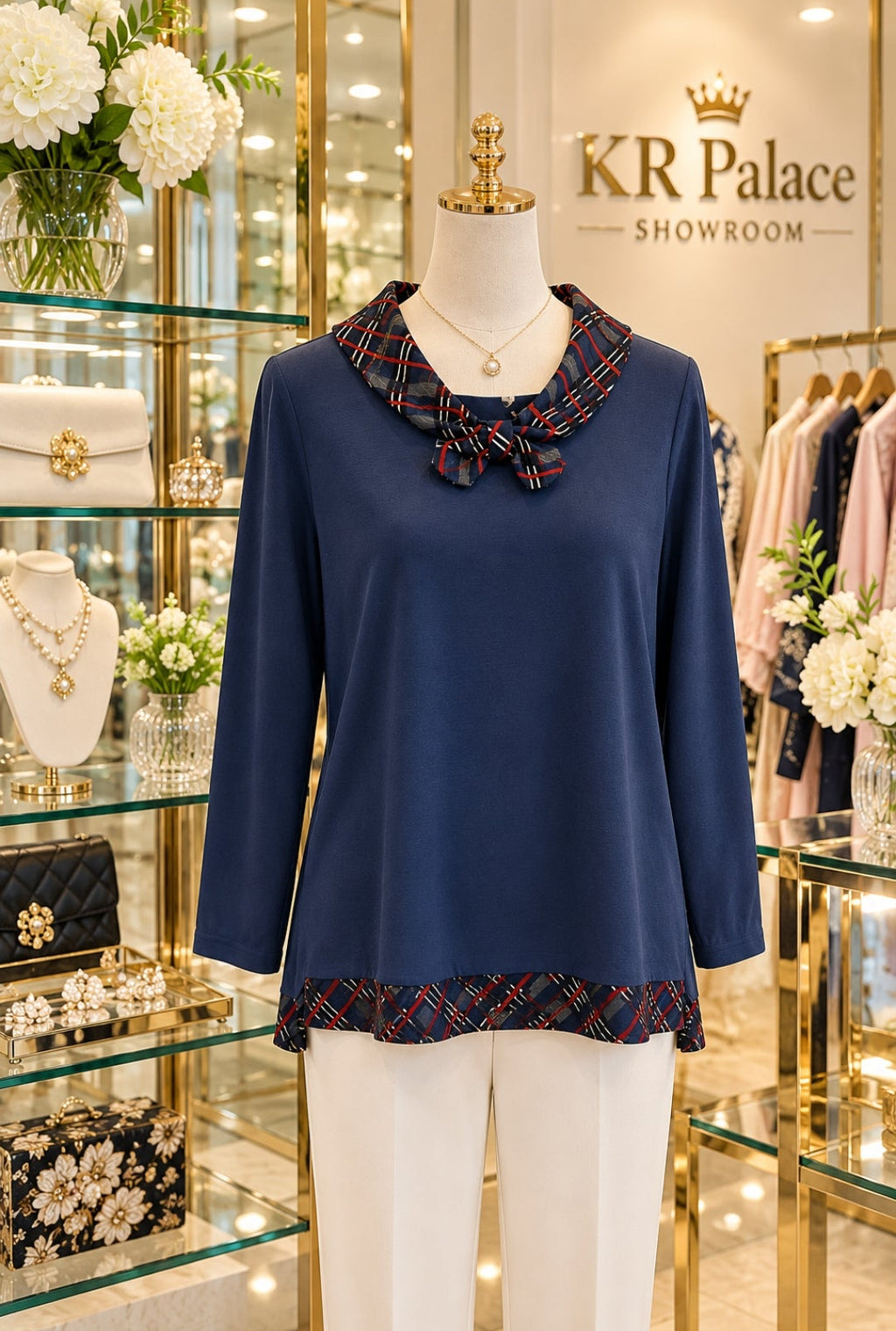 Navy Plaid Collar & Hem Blouse
