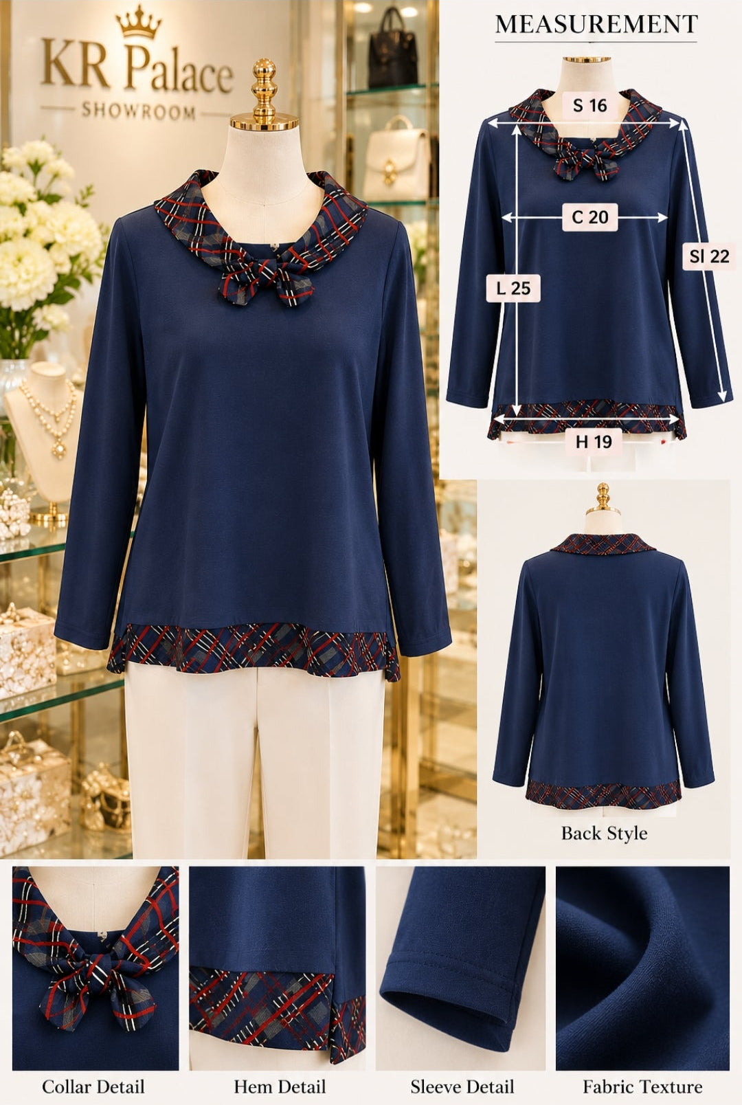 Navy Plaid Collar & Hem Blouse