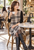 Black & Beige Plaid Tweed Pinafore Dress