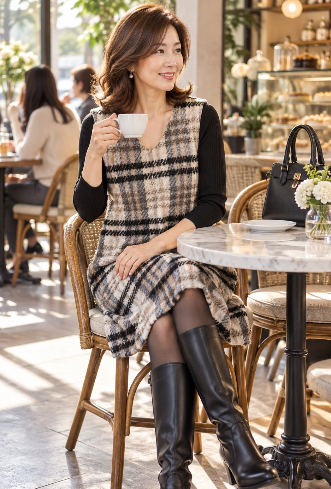 Black & Beige Plaid Tweed Pinafore Dress