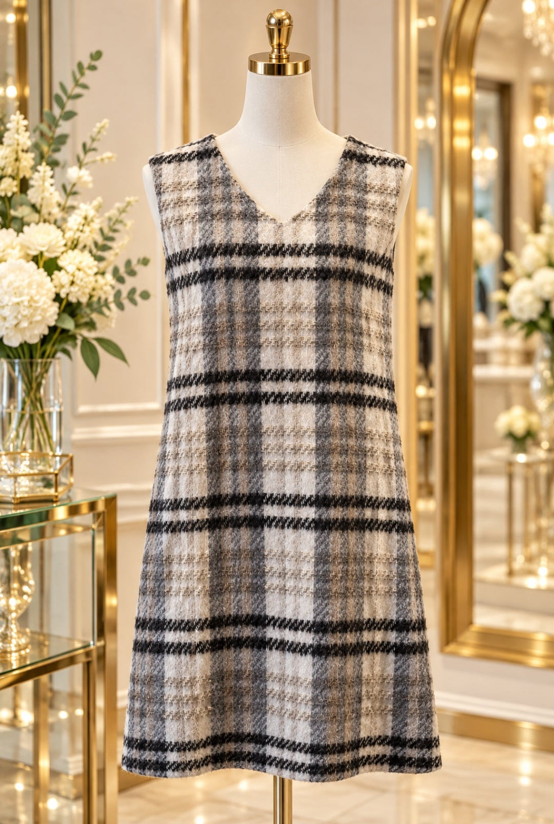 Black & Beige Plaid Tweed Pinafore Dress