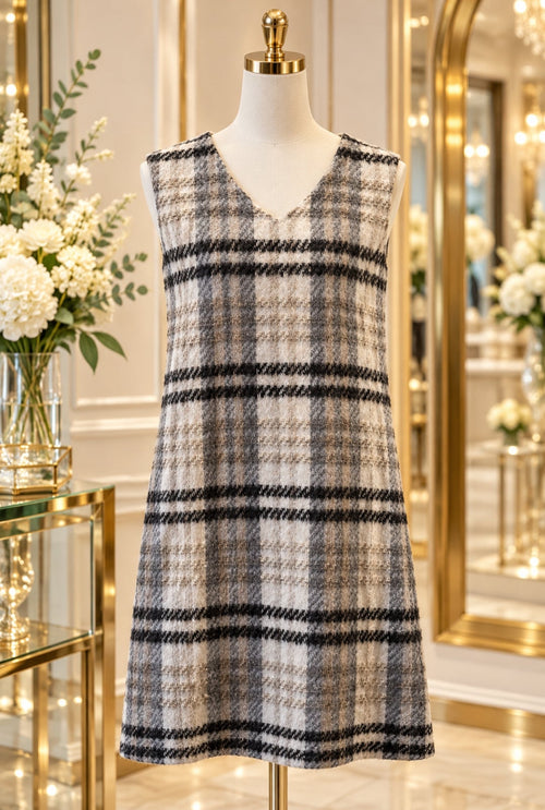 Black & Beige Plaid Tweed Pinafore Dress