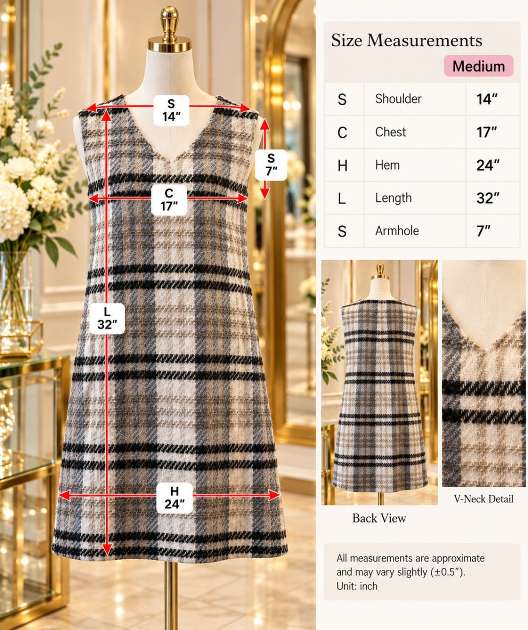 Black & Beige Plaid Tweed Pinafore Dress