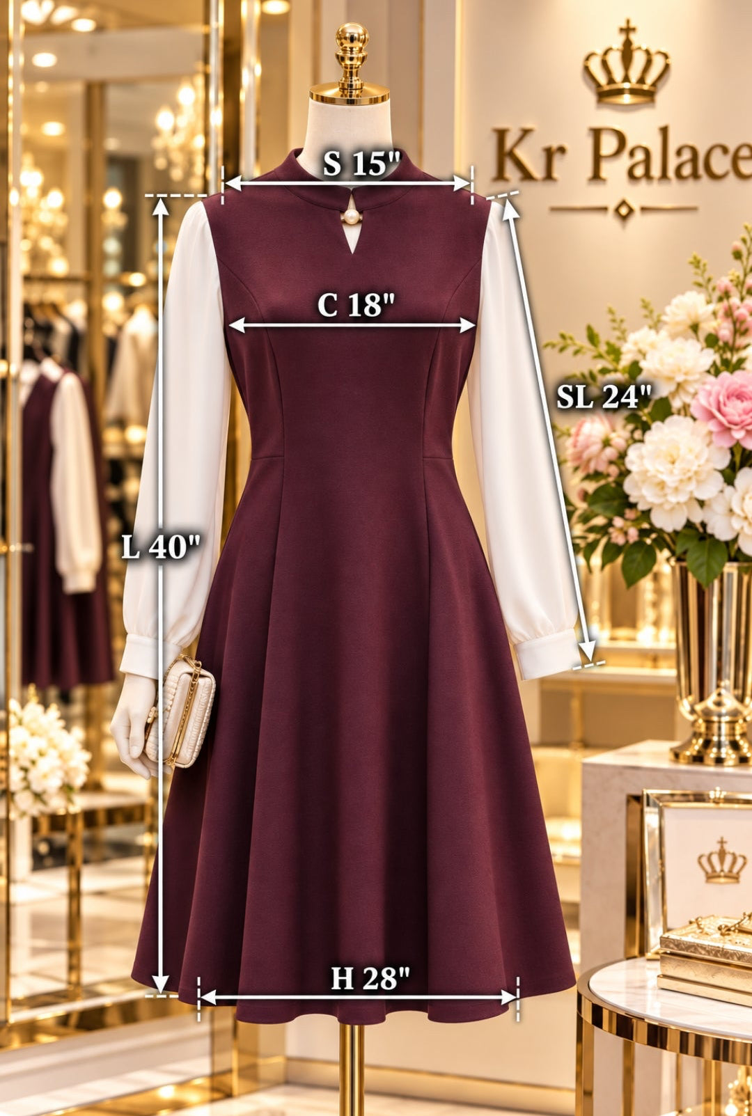 Burgundy Elegance Contrast-Sleeve Fit & Flare Dress