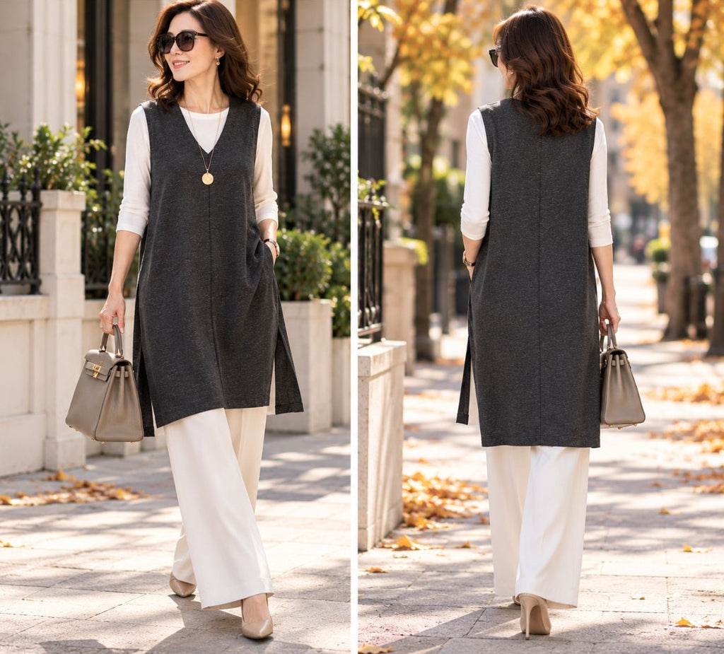 Charcoal Gray V-Neck Side-Slit Tunic Vest
