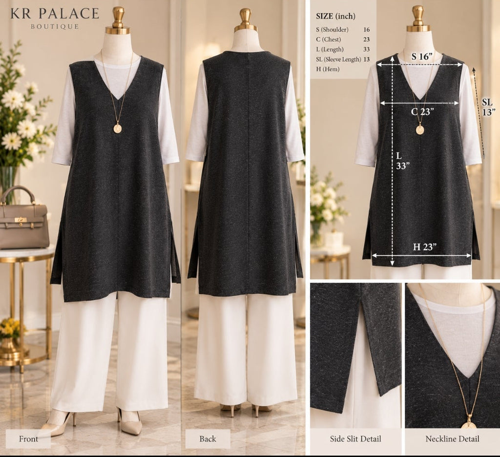 Charcoal Gray V-Neck Side-Slit Tunic Vest