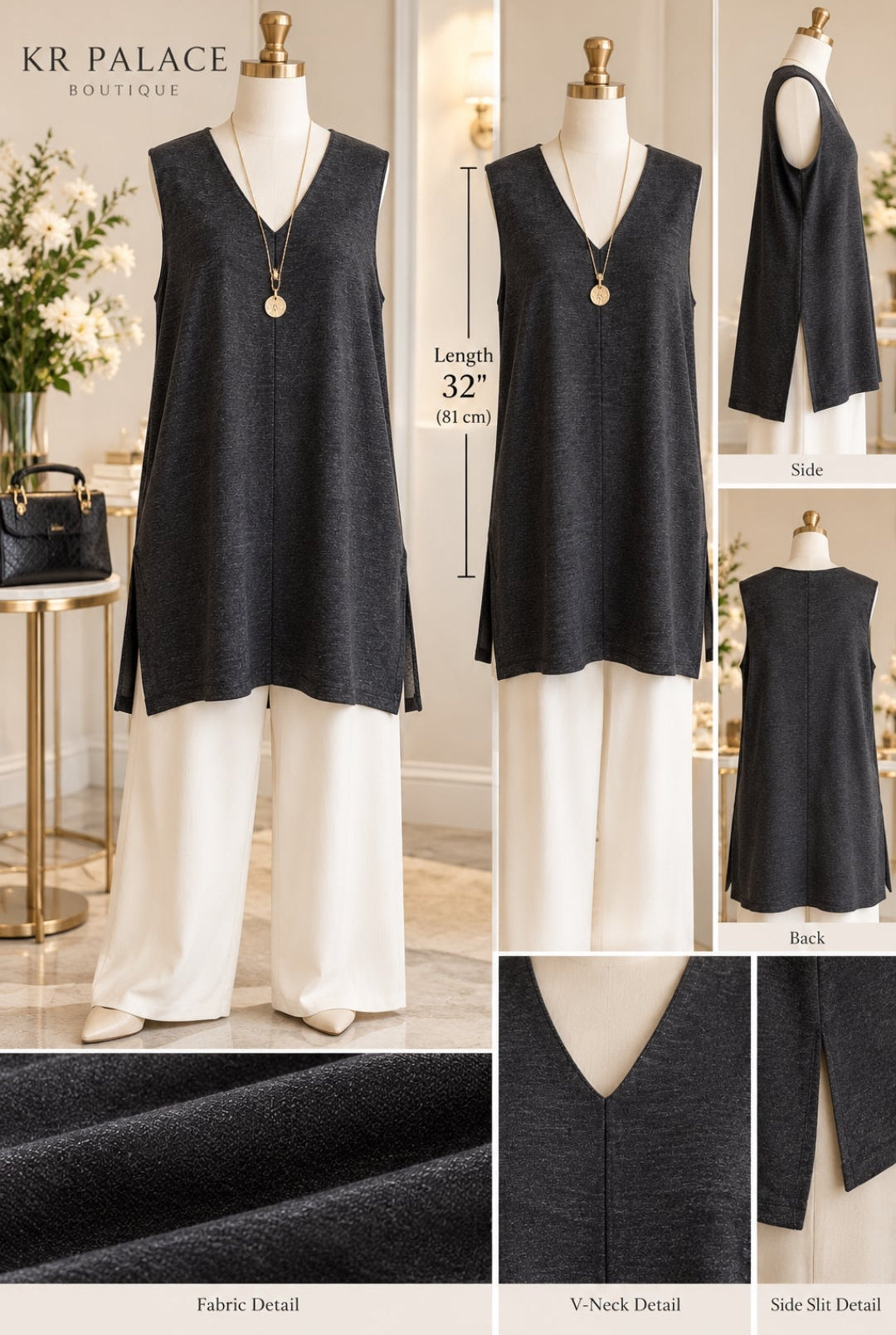 Charcoal Gray V-Neck Side-Slit Tunic Vest