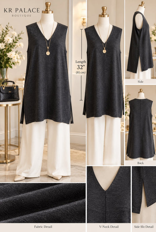 Charcoal Gray V-Neck Side-Slit Tunic Vest