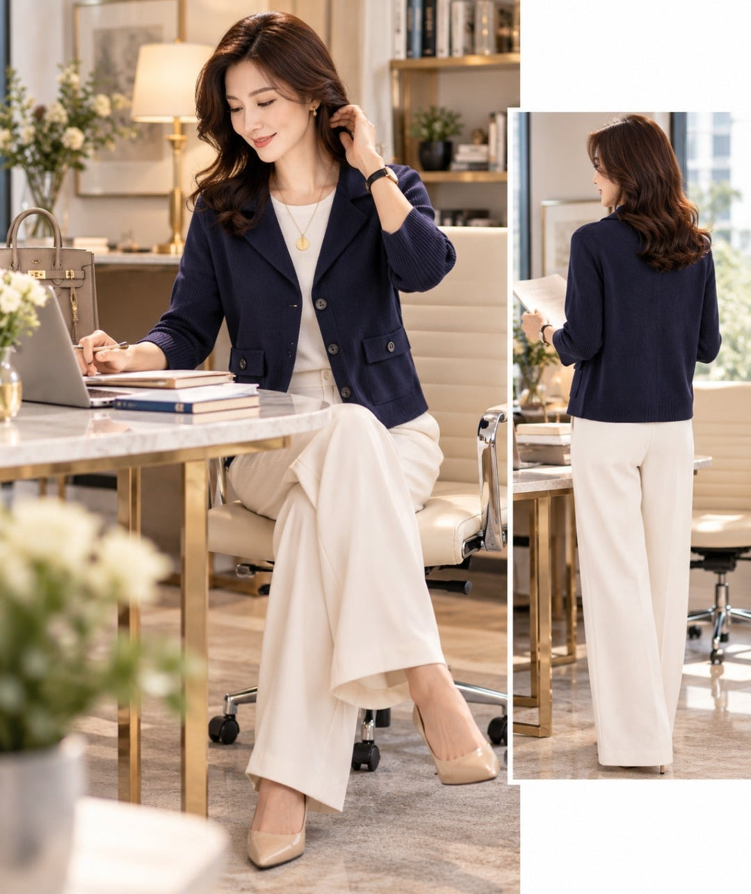Navy Blue Button-Front Knit Cardigan