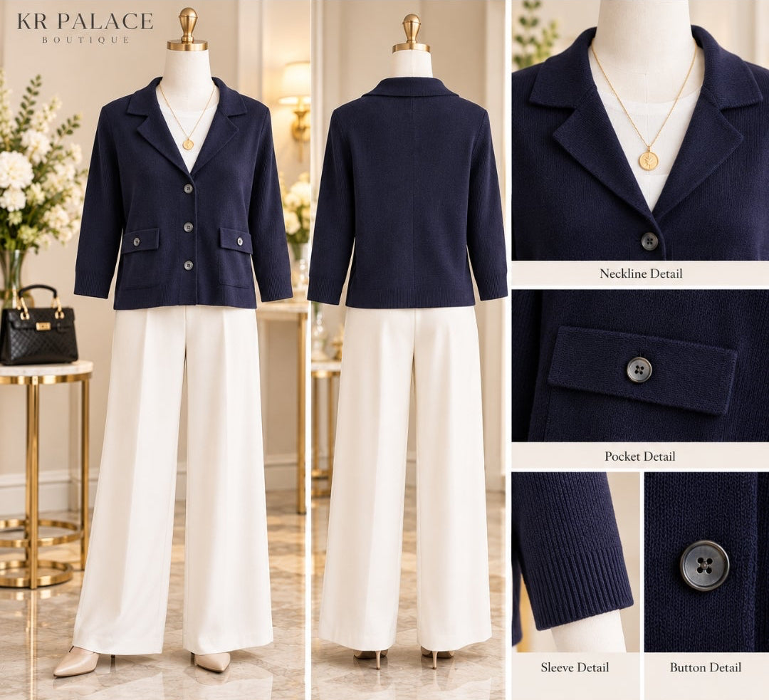 Navy Blue Button-Front Knit Cardigan