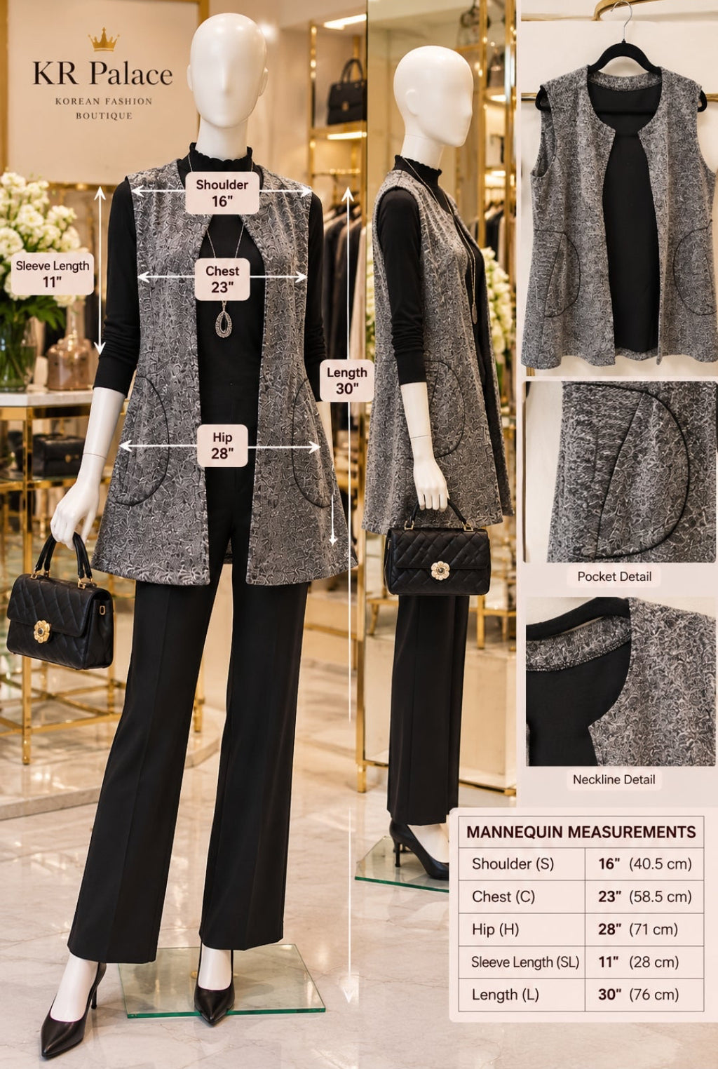 Elegant Gray Jacquard Long Vest