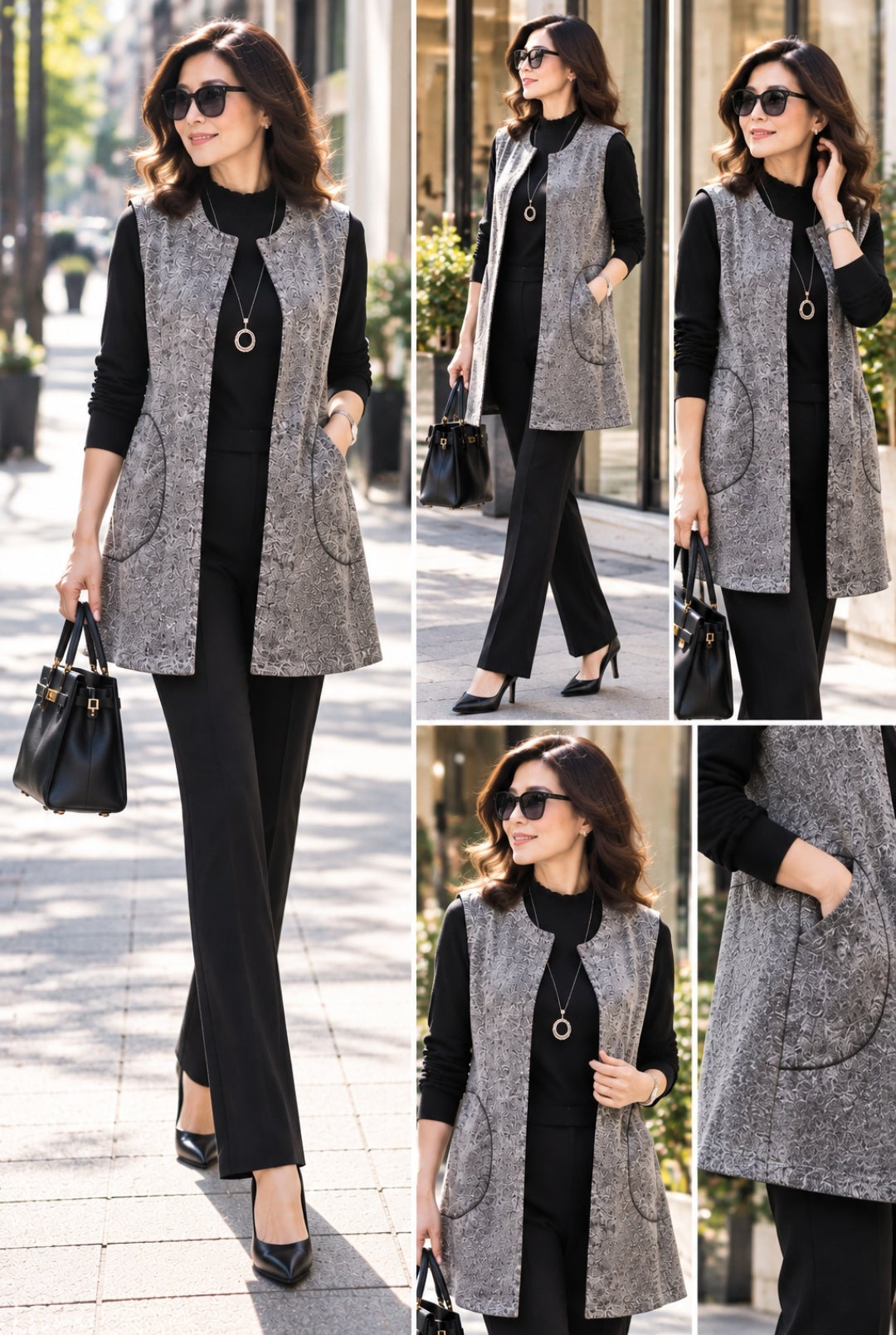 Elegant Gray Jacquard Long Vest