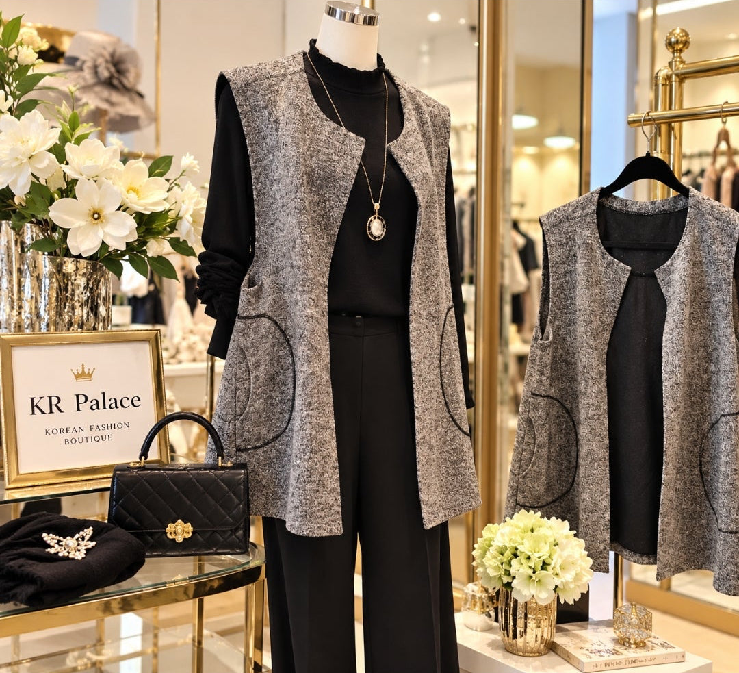 Elegant Gray Jacquard Long Vest