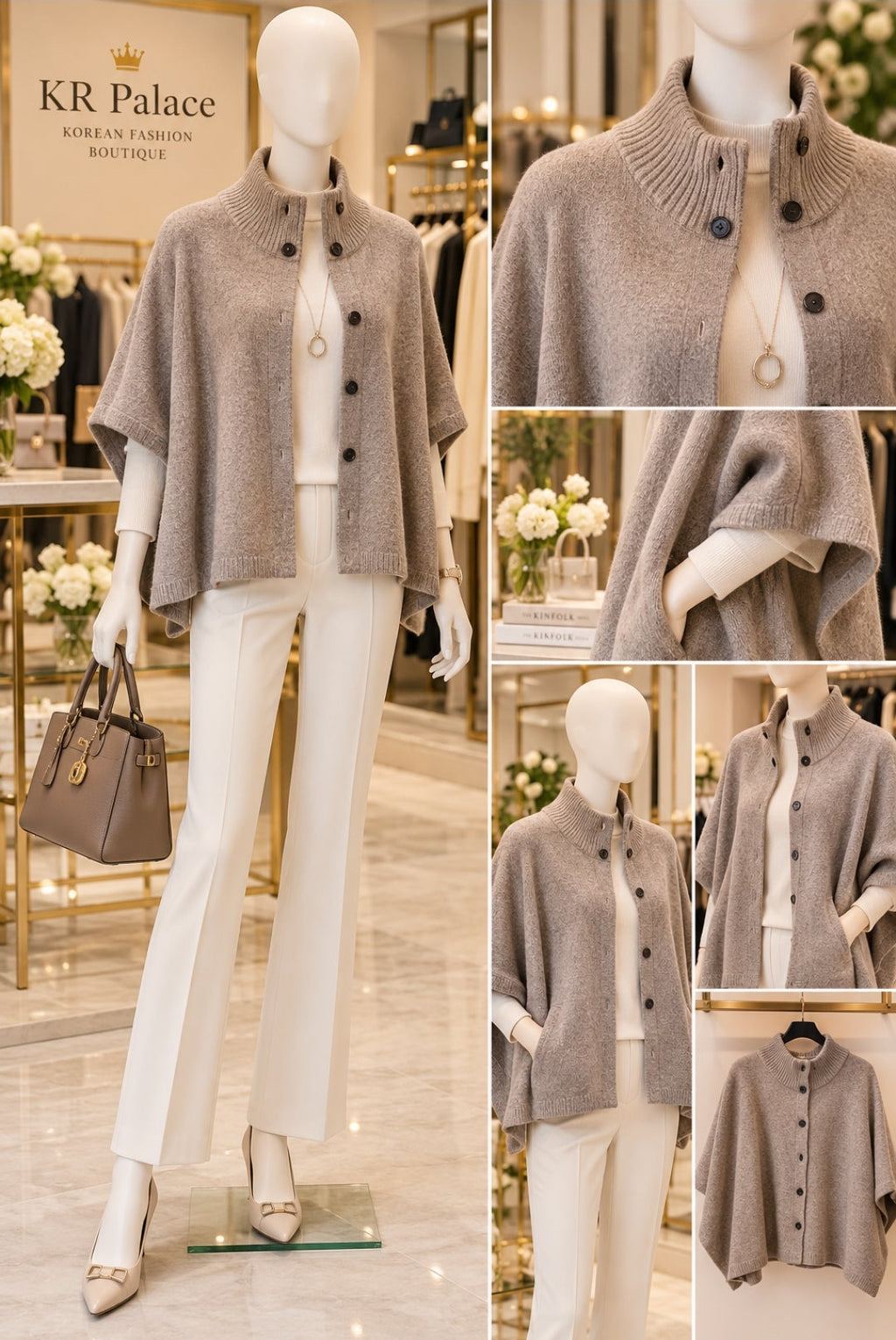Taupe Knit Button-Front Cape Cardigan