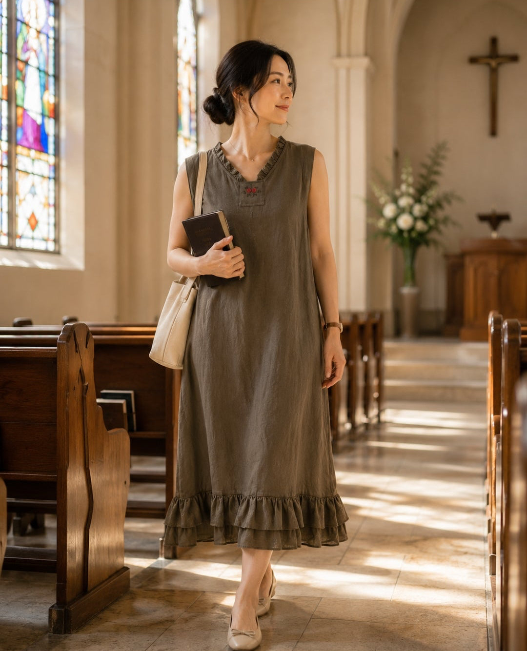 Vintage Ruffle Linen Midi Dress