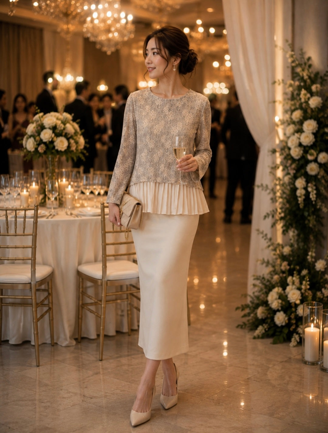 Champagne Lace Pleated Layer Top