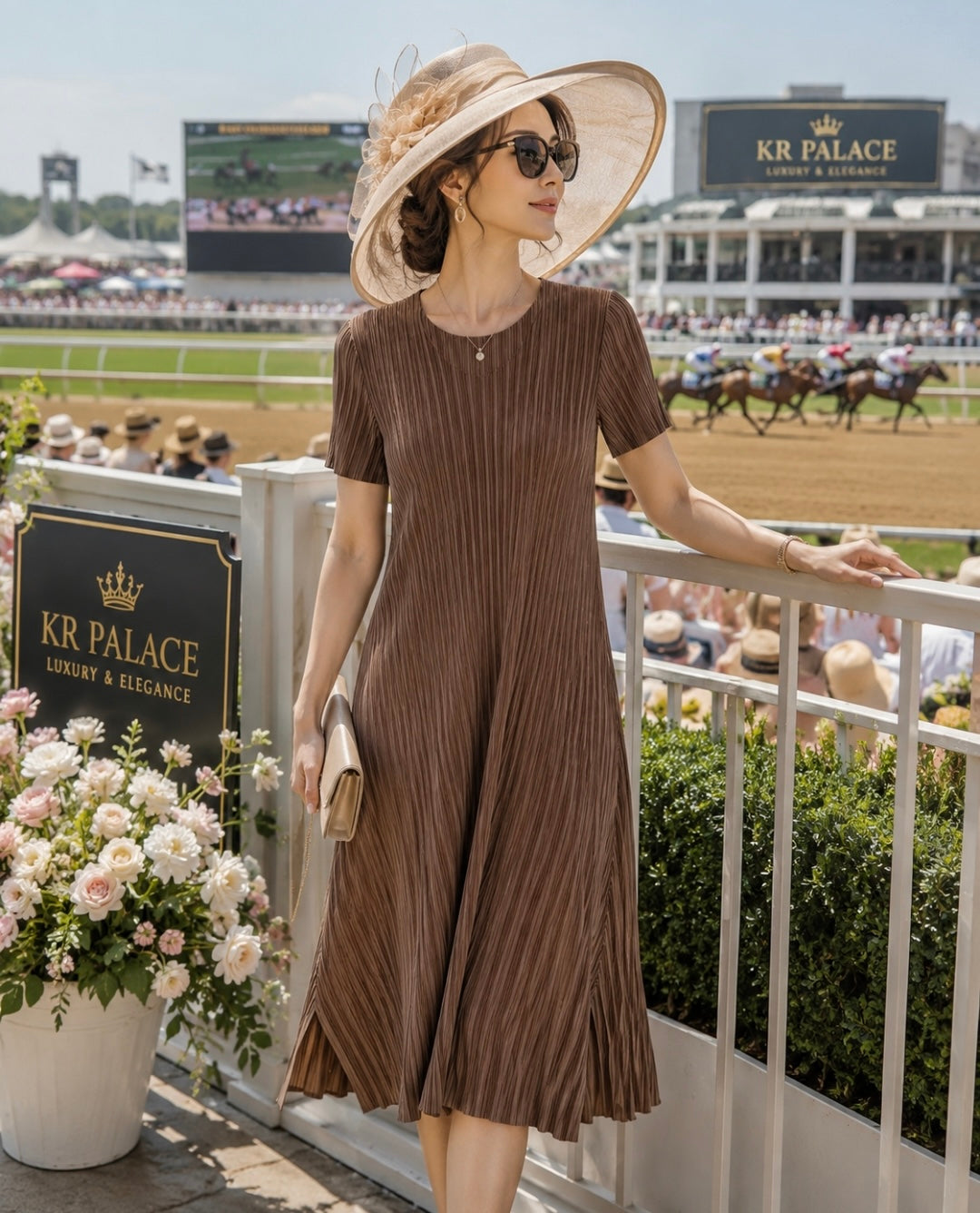 Mocha Pleated Midi Dress