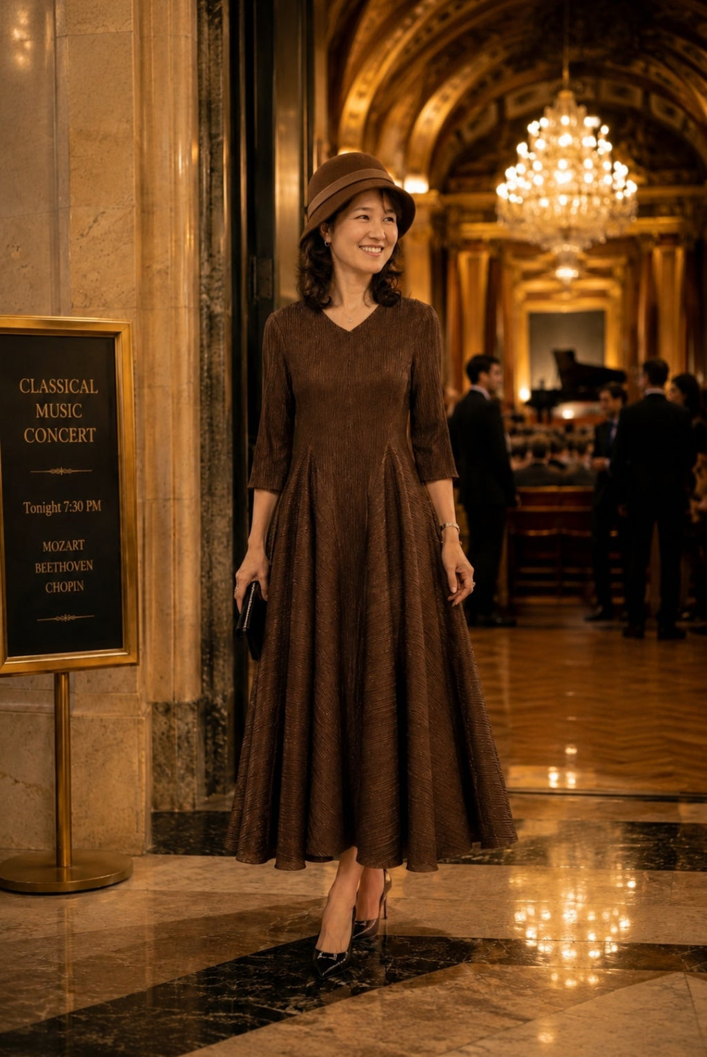 Mocha Elegance Pleated Midi Dress