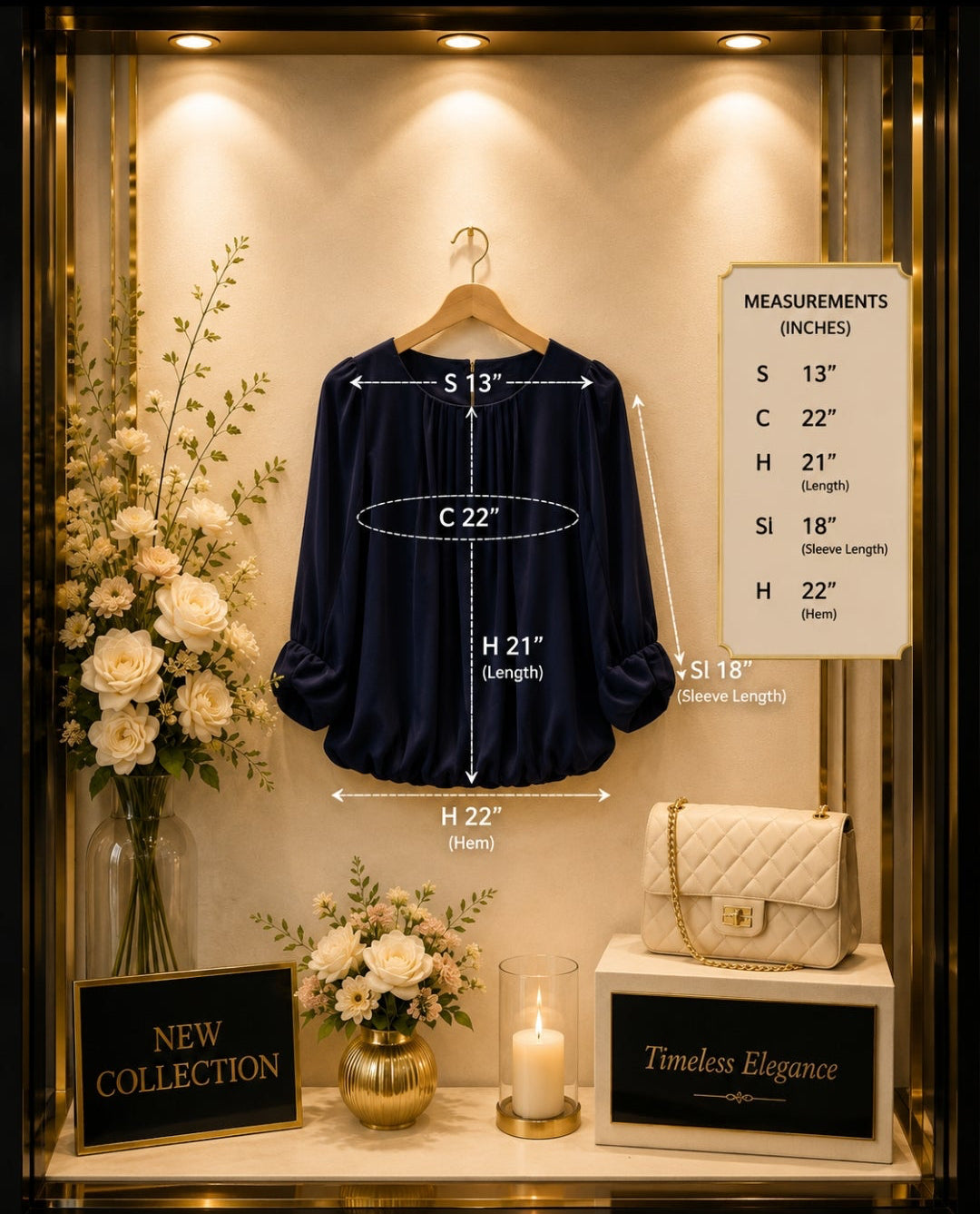 Navy Bow-Cuff Blouse