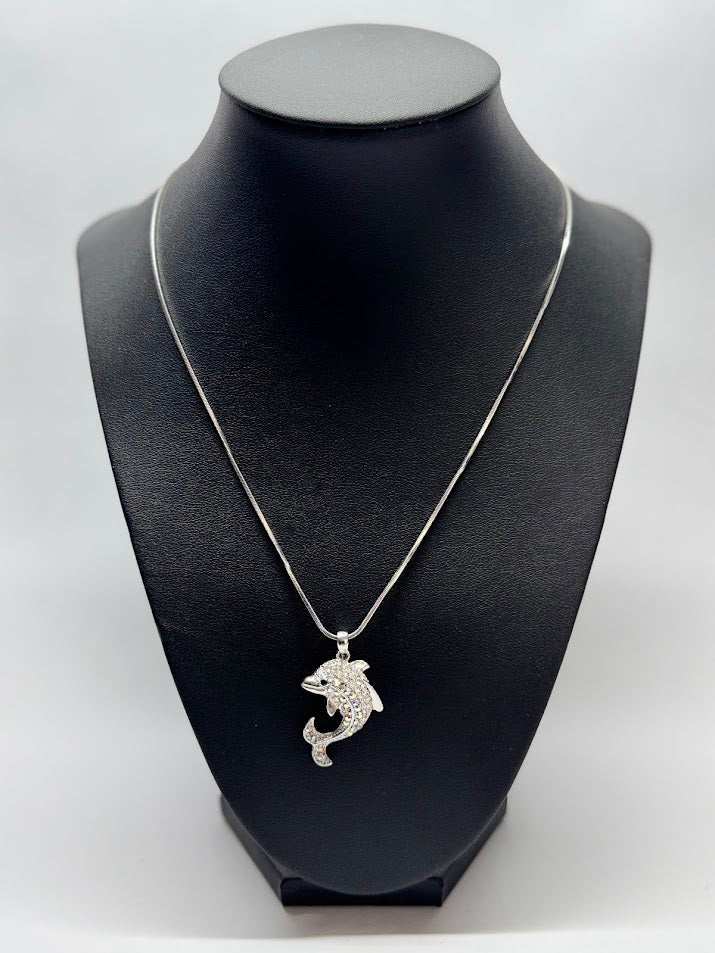Sparkling Dolphin White Gold Necklace