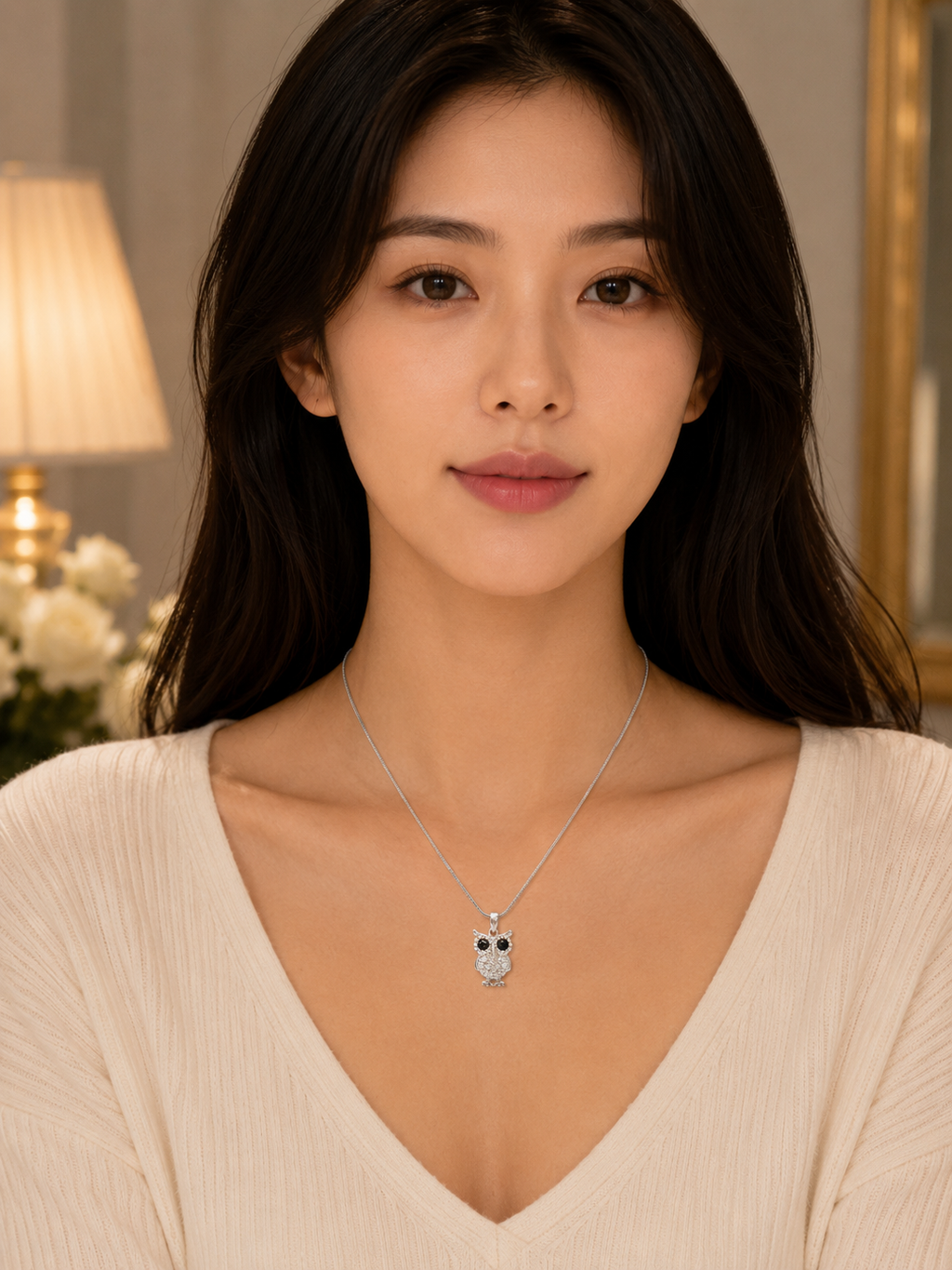 Sparkling Owl White Gold-Plated Necklace